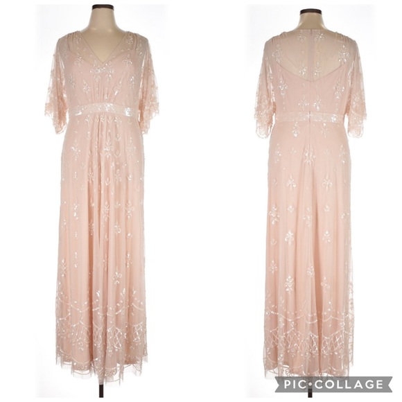 Mac Duggal V-Neck Illusion Flutter Sleeve Embroidered Mesh Sheath Gown Size 14 - Picture 1 of 5